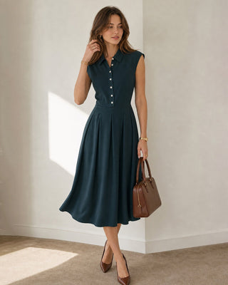 Noelia | Vestido Midi Plisado con Cuello y Botones