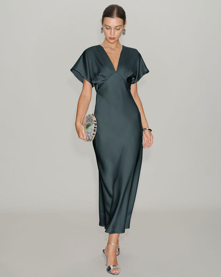 Vera | Vestido Midi de Satén con Mangas Drapeadas