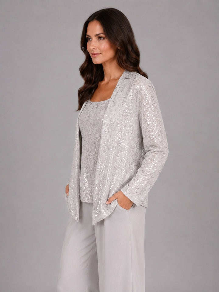 Ainhoa | Conjunto de Tres Piezas con Chaqueta de Lentejuelas, Top y Pantalón Ancho