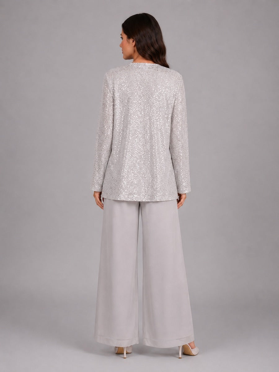 Ainhoa | Conjunto de Tres Piezas con Chaqueta de Lentejuelas, Top y Pantalón Ancho