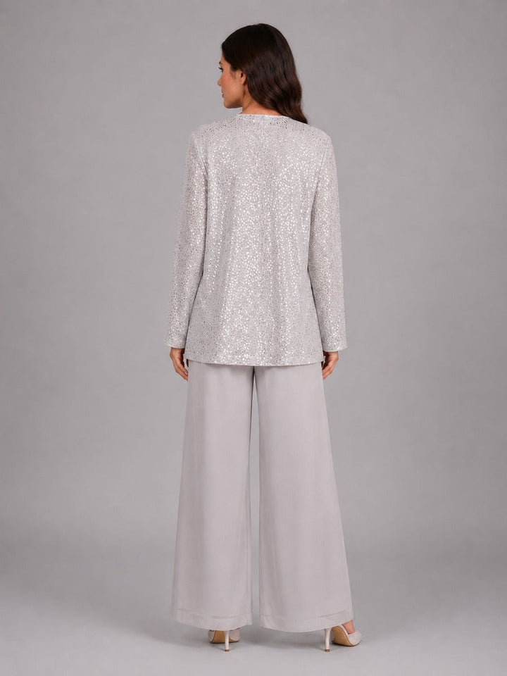 Ainhoa | Conjunto de Tres Piezas con Chaqueta de Lentejuelas, Top y Pantalón Ancho