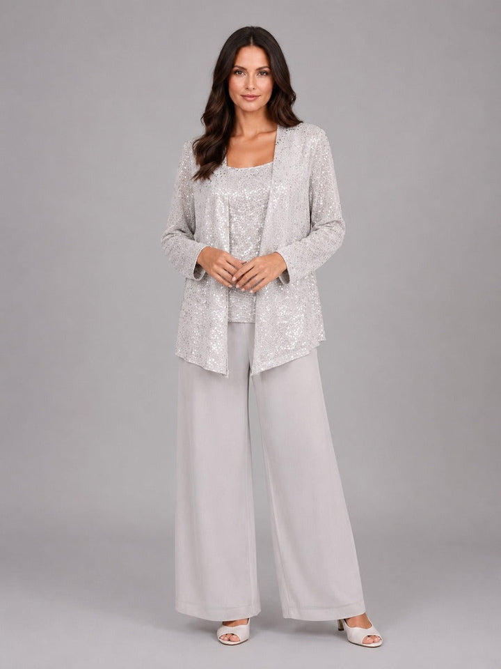 Ainhoa | Conjunto de Tres Piezas con Chaqueta de Lentejuelas, Top y Pantalón Ancho
