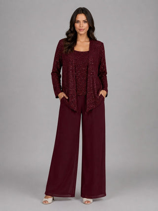 Ainhoa | Conjunto de Tres Piezas con Chaqueta de Lentejuelas, Top y Pantalón Ancho