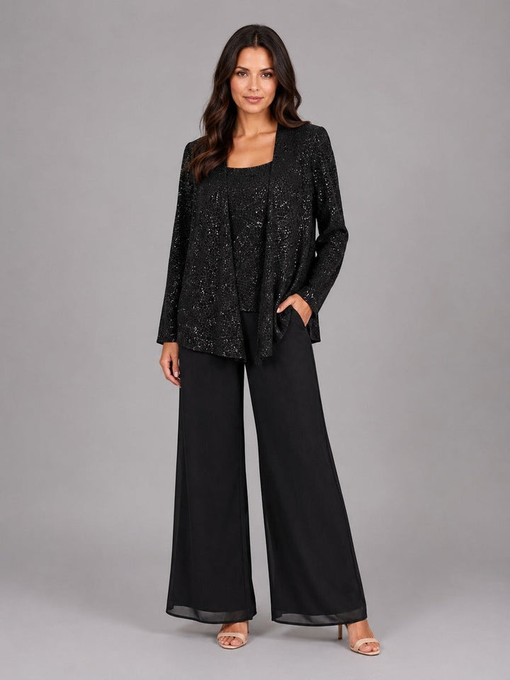 Ainhoa | Conjunto de Tres Piezas con Chaqueta de Lentejuelas, Top y Pantalón Ancho