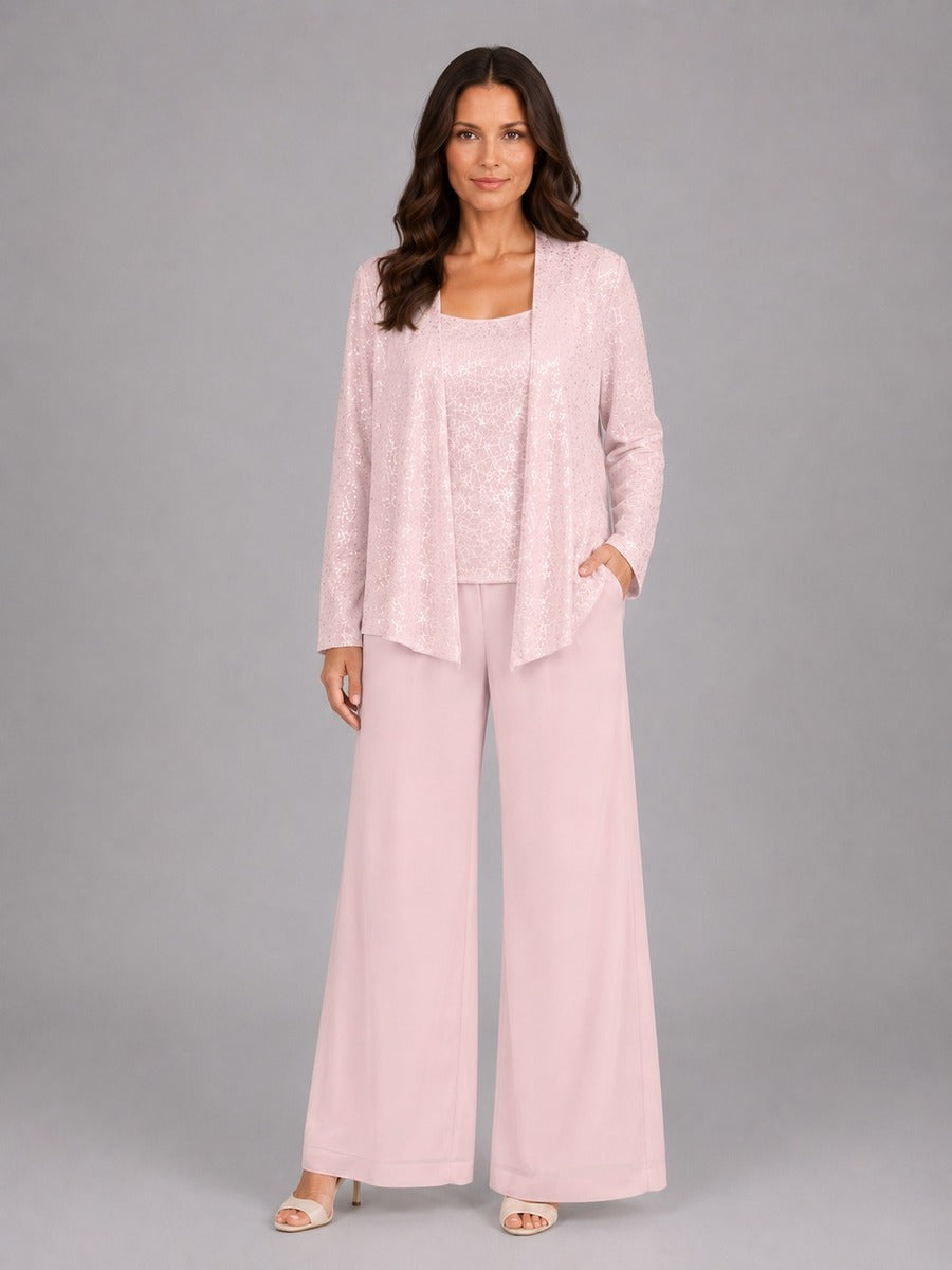 Ainhoa | Conjunto de Tres Piezas con Chaqueta de Lentejuelas, Top y Pantalón Ancho