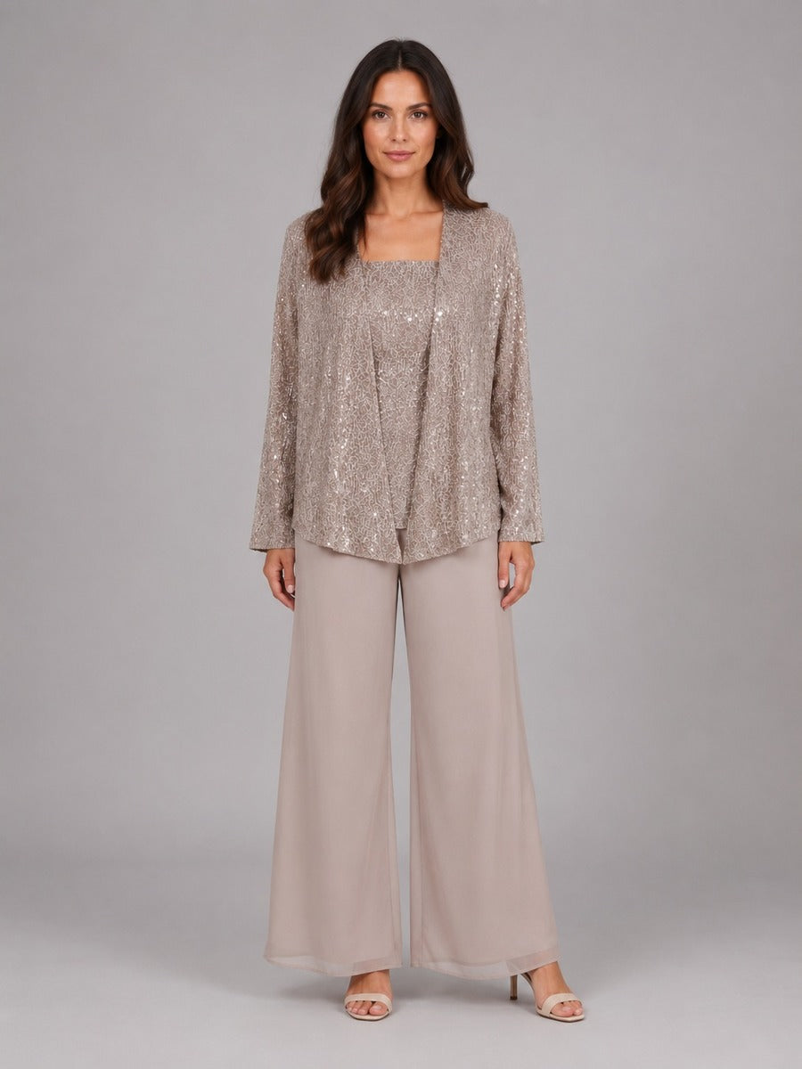 Ainhoa | Conjunto de Tres Piezas con Chaqueta de Lentejuelas, Top y Pantalón Ancho