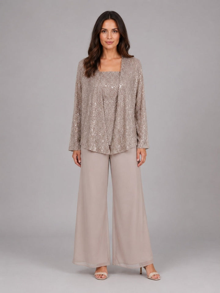 Ainhoa | Conjunto de Tres Piezas con Chaqueta de Lentejuelas, Top y Pantalón Ancho